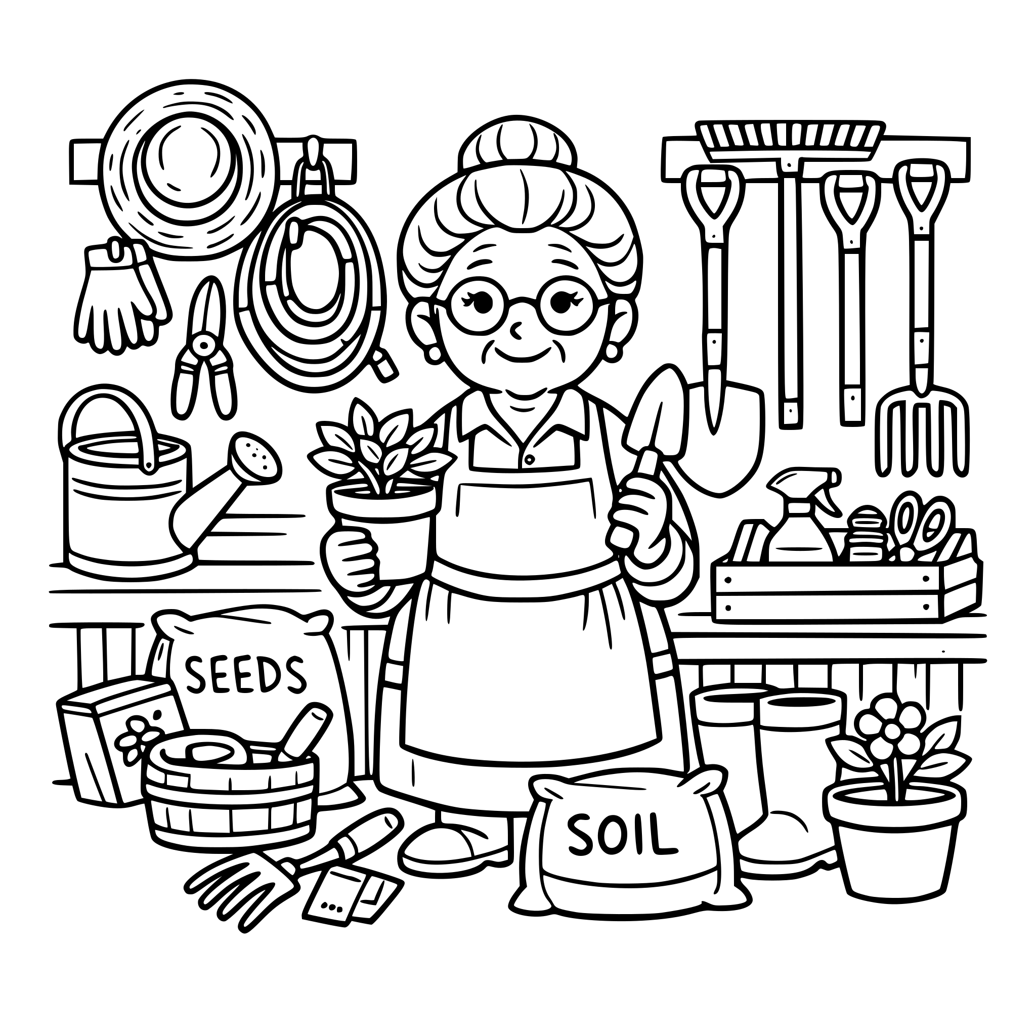 a garden shed with granny and her tools