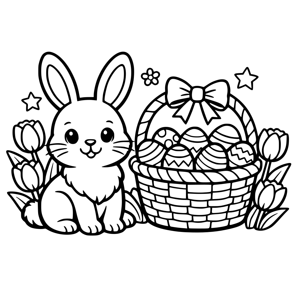a rabbit with tulips and an easter basket