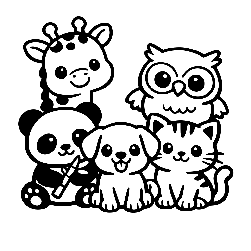 cute baby animals coloring page, simple, thick black lines, kids coloring book, no background, white background