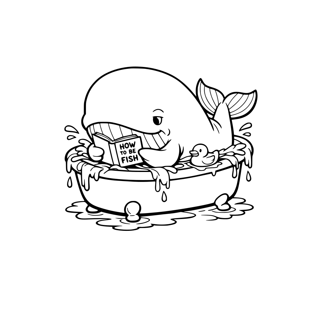 A large whale squeezed into a very small bathtub. Water spilling over everywhere. The whale is relaxed holding a small book titled “How to Be a Fish” and reading it seriously. A tiny rubber duck floating in the water. Simple. Huge visual.