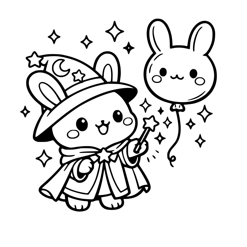 cartoon and kawaii art style of Bunny in magician robe conjuring bunny-shaped balloon — balloon floating, sparkles.
