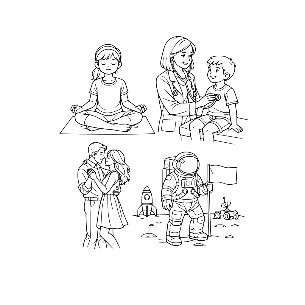 Erstelle mir menschen in verschiedenen situationen, klare linienzeichnungen, kein schatten,