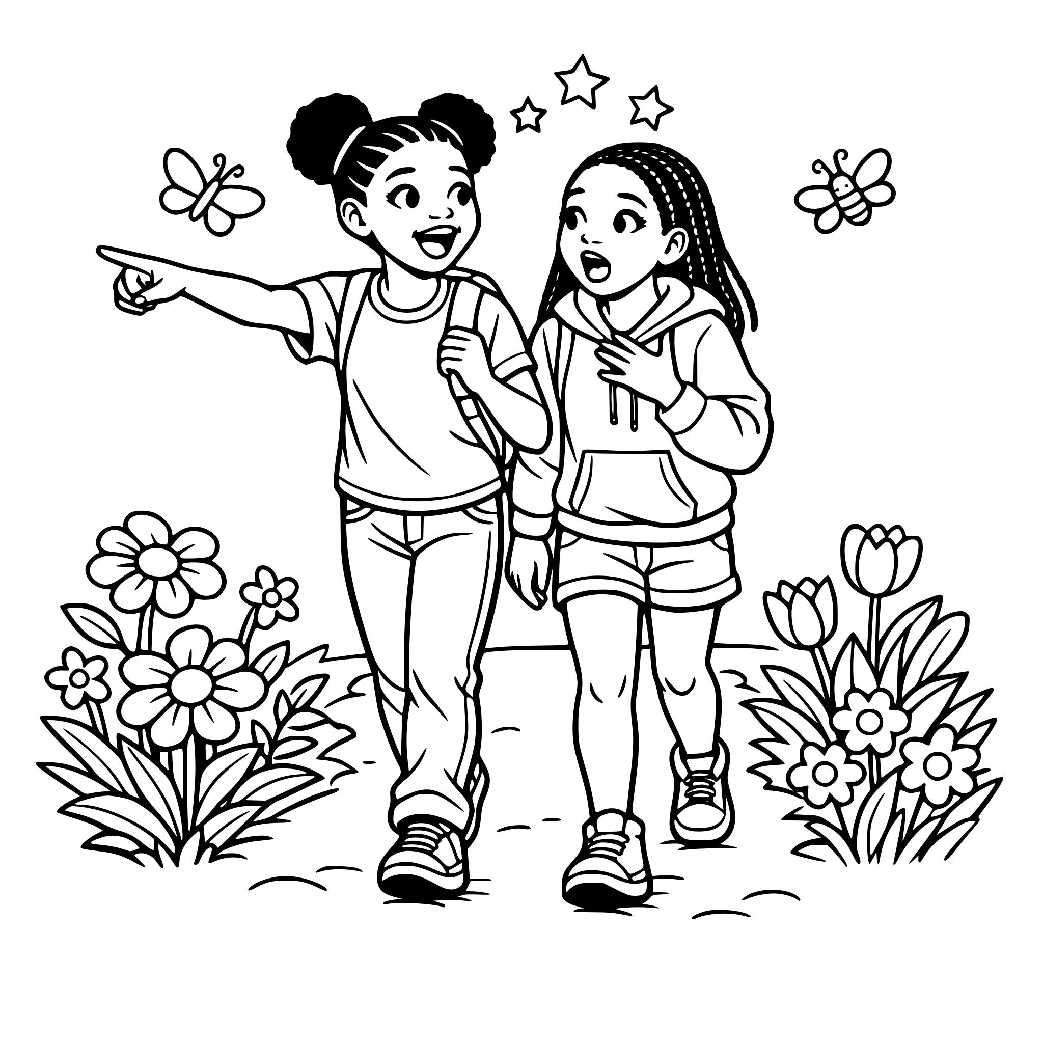 Create an image of a real features teenage african american girl showing her female friend with wonderment expression walking in the garden. White background, isolated.