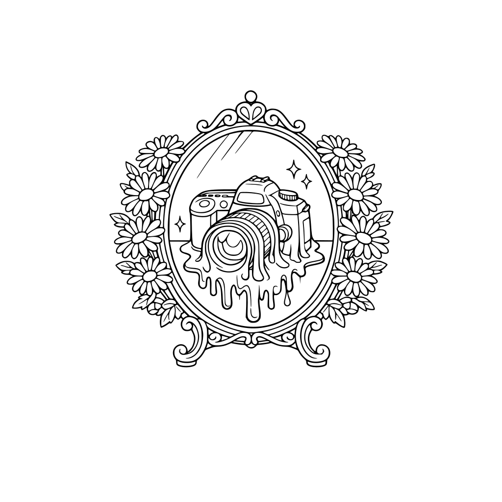 por favor dibuja una cámara fotográfica réflex, reflejándose en un bello espejo rodeado de margaritas, el reflejo se está derritiendo