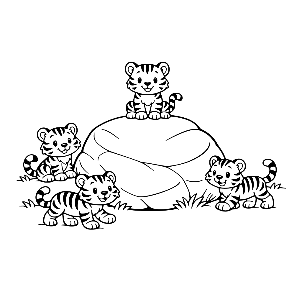 “Create a clean, black-and-white illustration for children. There is one large smooth jungle rock in a grassy clearing, with a small group of cartoon tigers sitting and walking around it.