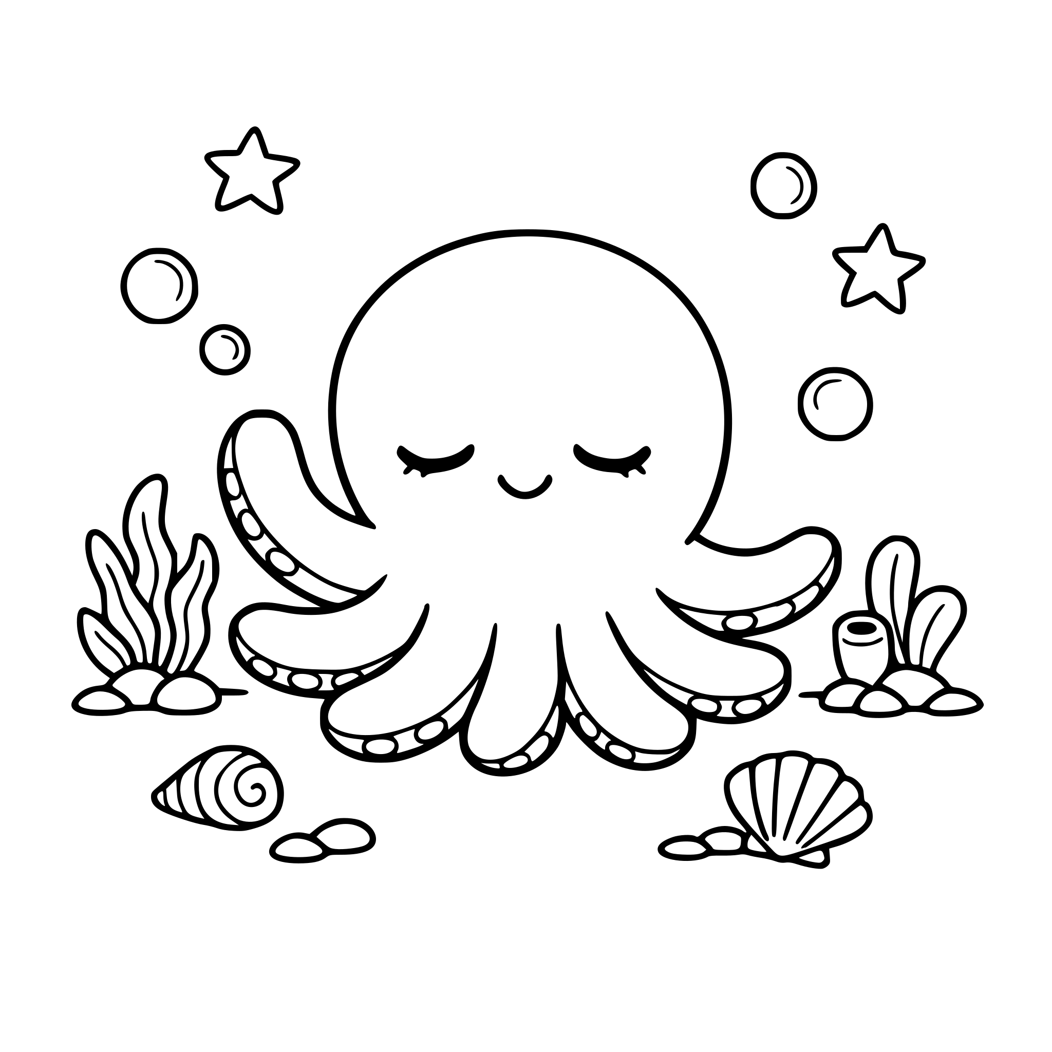 A cute octopus waving with sleepy eyes, calm cozy underwater scene, minimal details