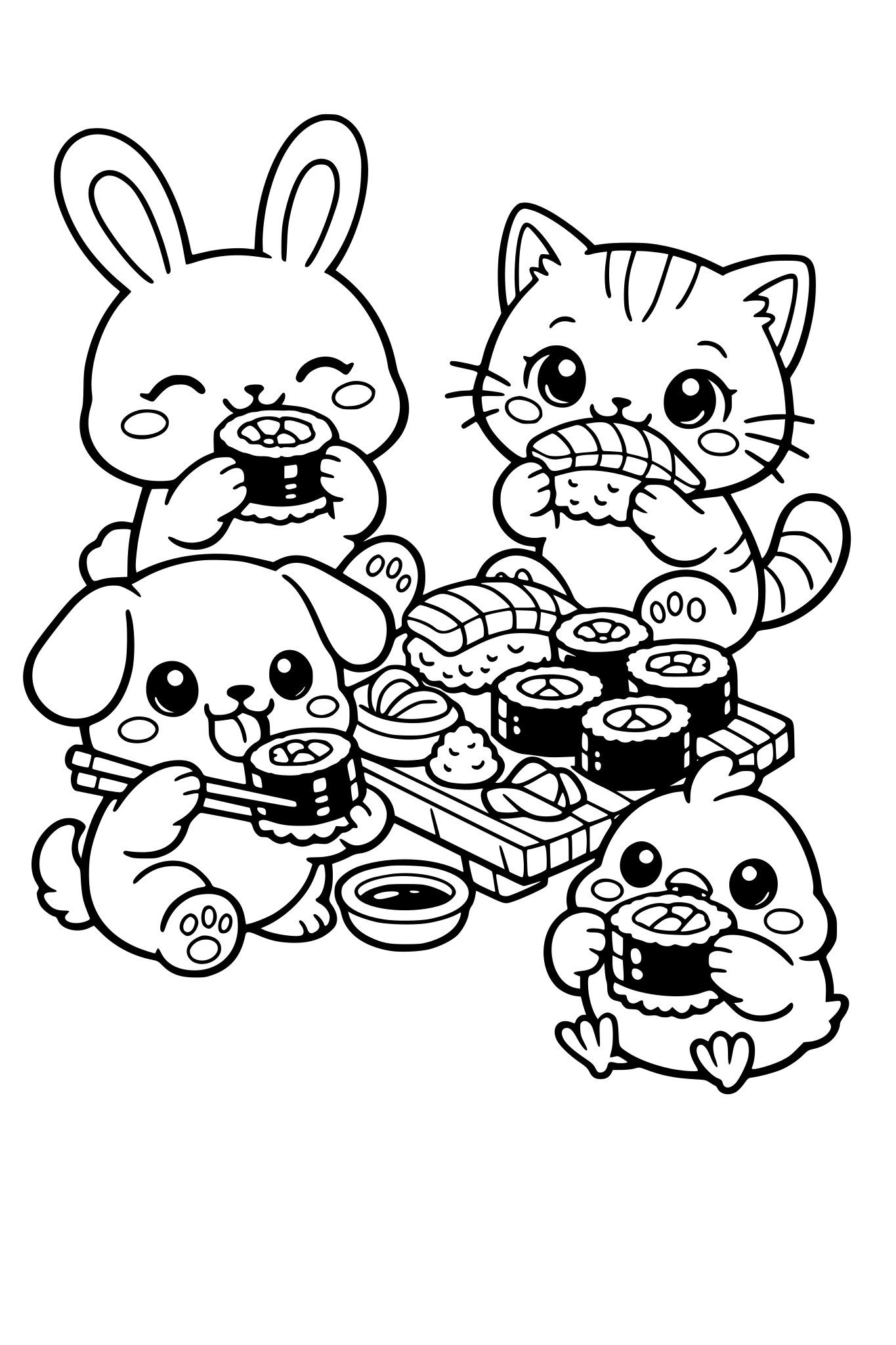 Quiero que hagas animales adorables (un conejo, un gato, un perro y un pollo) que están comiendo sushi. Esto es una portada de un libro. Tipo kawaii.