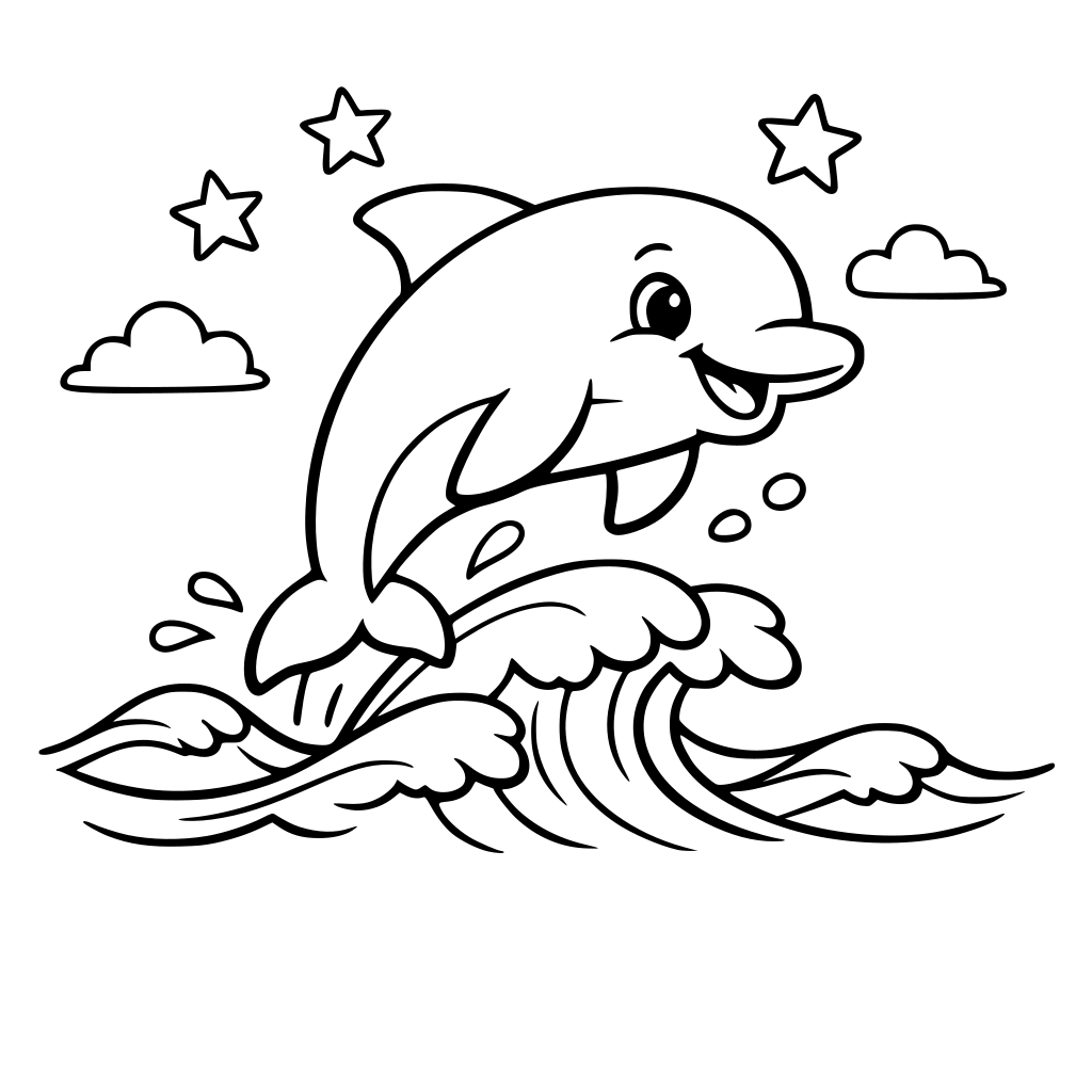 A friendly dolphin leaping playfully through ocean waves, outlined in bold black lines with simple curves, minimal background, coloring book style for kids."