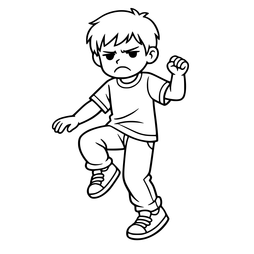 the boy is dancing but his face is not happy