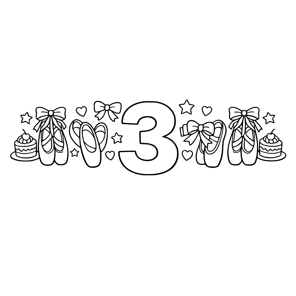 Row of cute ballet shoes, bows, and tiny cakes arranged like a pattern, with a big ‘3’ in the center.