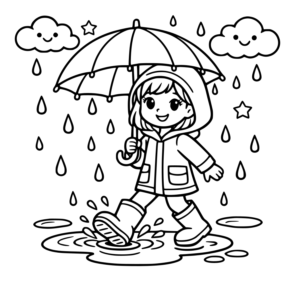 girl walking in rain with umbrella and rain boots