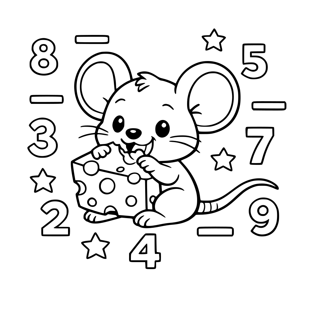 un raton comiendo un queso como simbolos de resta a su alrededor y numeros