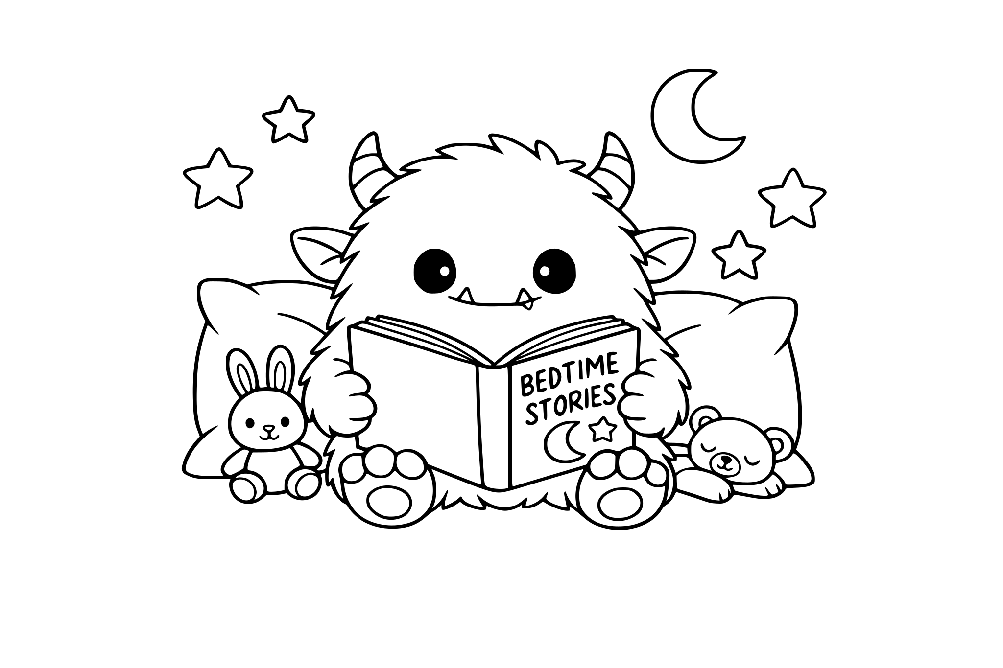 Monster is reading a bedtime story. minimalist line.