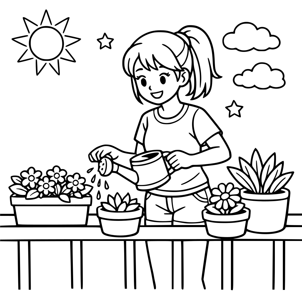 una igual pero ahora riega plantas en su balcon