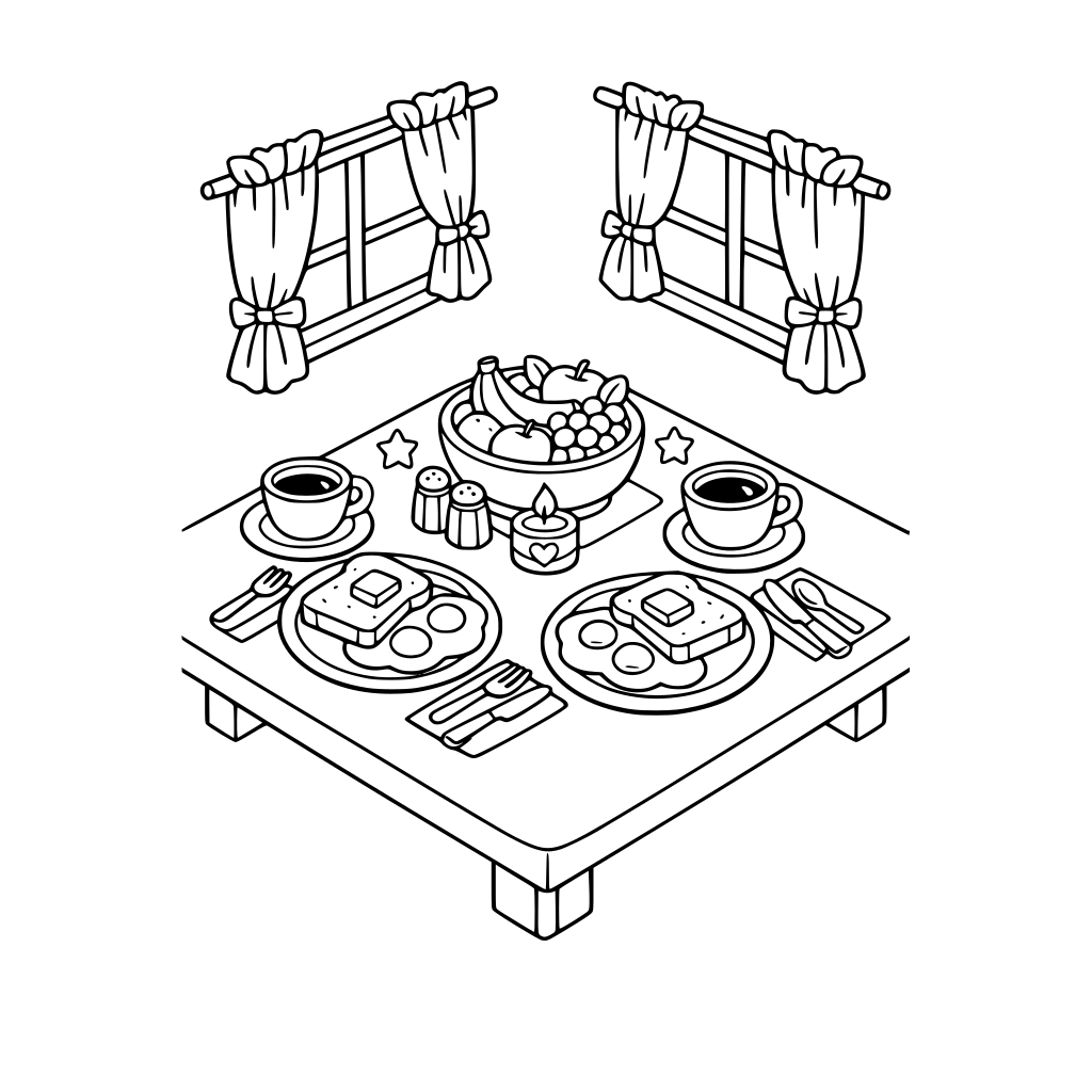 hygge style, cute and cozy 3D isometric dining table with plated toast and eggs, fruit bowl centerpiece, two cups of coffee, neatly arranged cutlery, window with curtains gently open.