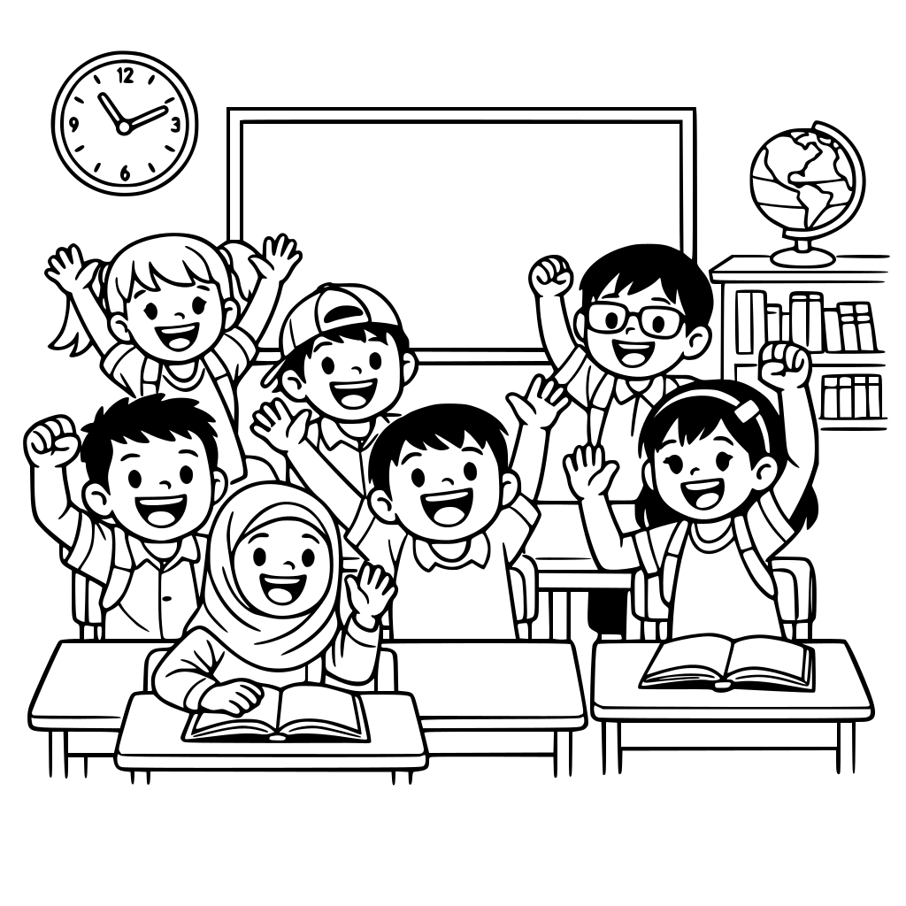 gambar tentang murid-murid yang gembira di dalam kelas beramai-ramai