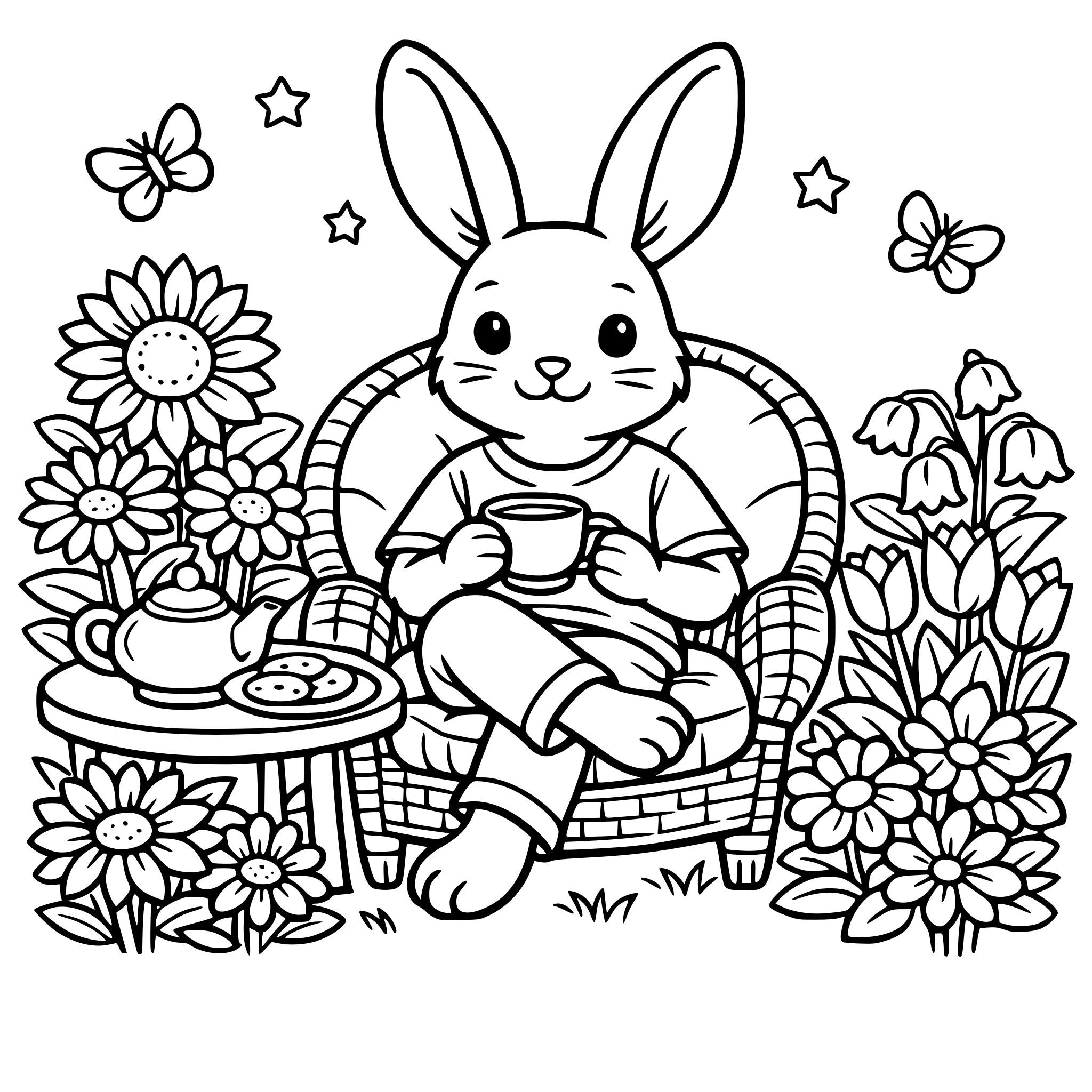 Coloring page of hare siting in a chair outside in the flower garden