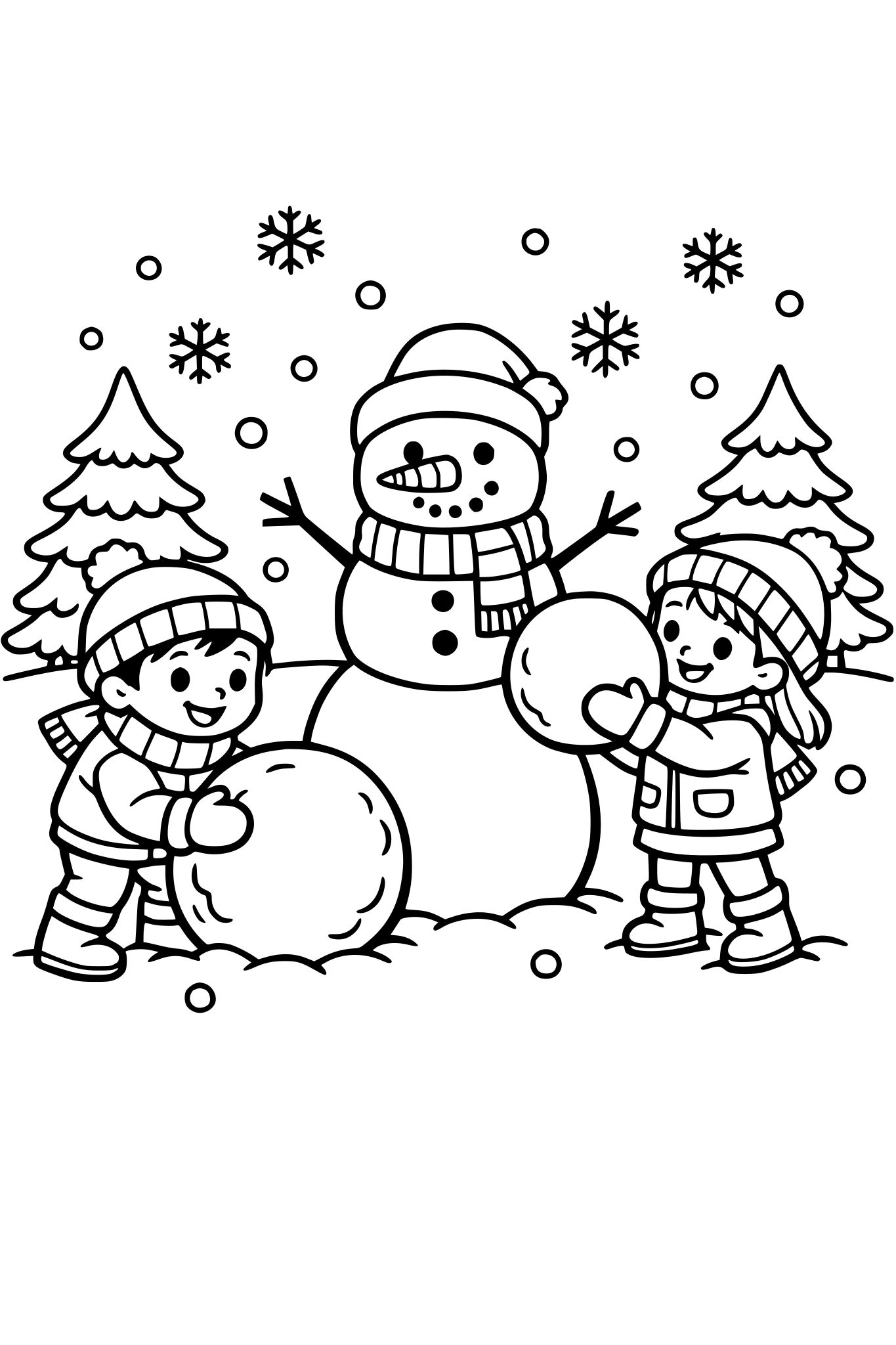 cute kids coloring page, boy and girl building a snowman together, stacking big snowballs, snowman with carrot nose and scarf, snowflakes falling and trees in background, simple shapes, thick outlines, black and white coloring page