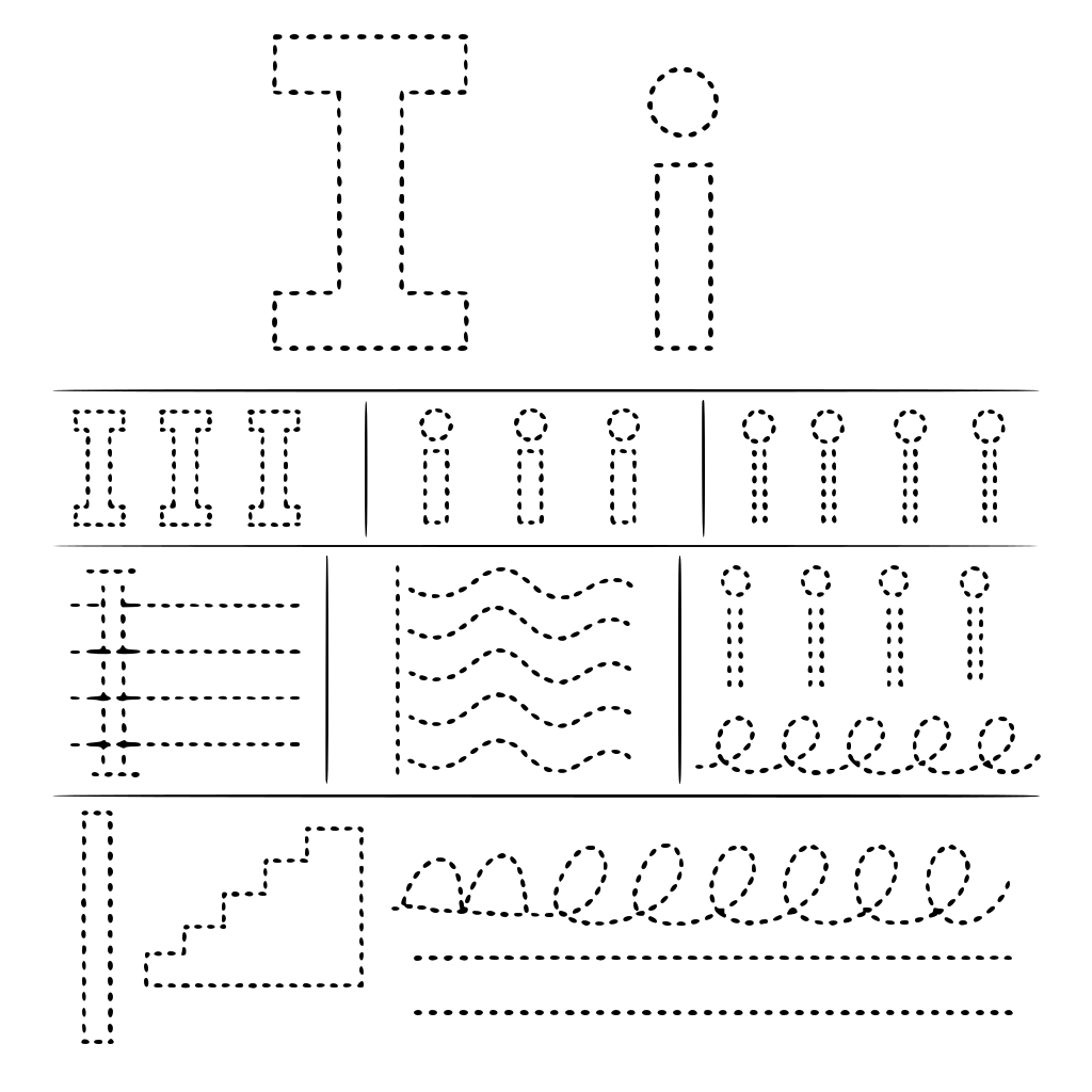 zró całą listę ćwiczeń do litery I duże i i małe różne ślaczki wykropkowane dzięki którym nauczymu pisać się literkę I i i