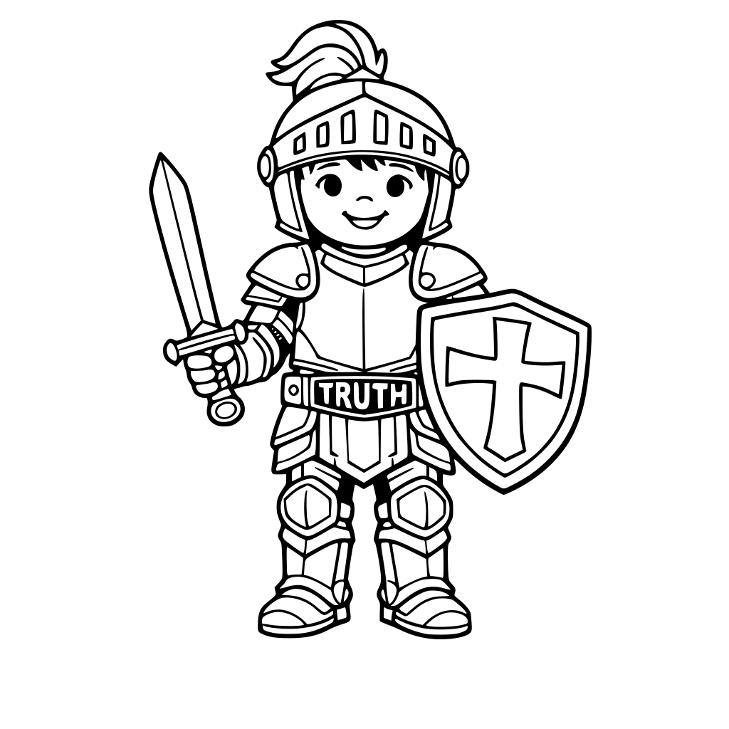 CHild in kight's armor that includes helmet, breast plate, sword, shield, boots and belt. the belt to stand out with the word truth on it.