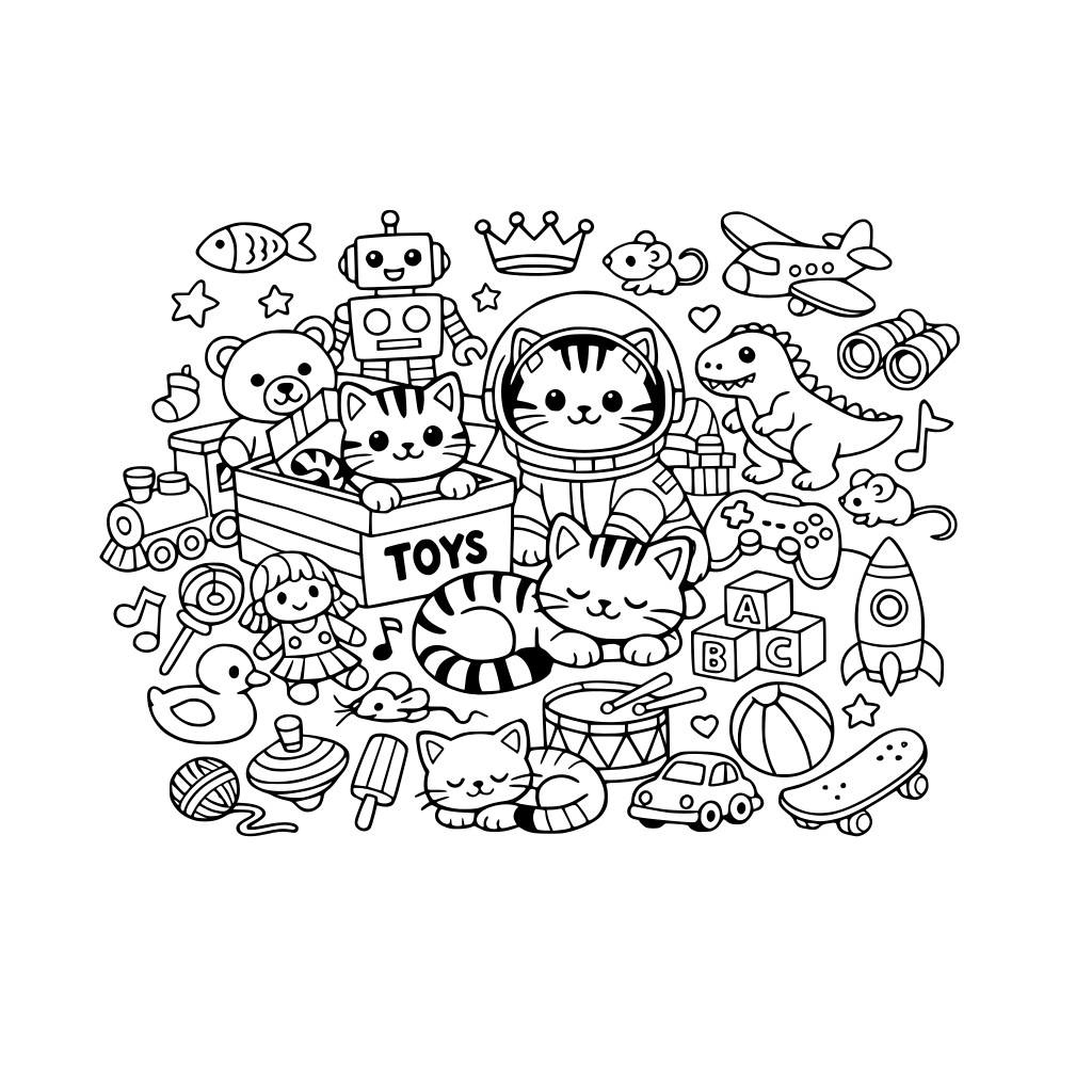 Make mi Look and find, mix of objects, theme mix of toys, main objects cats.