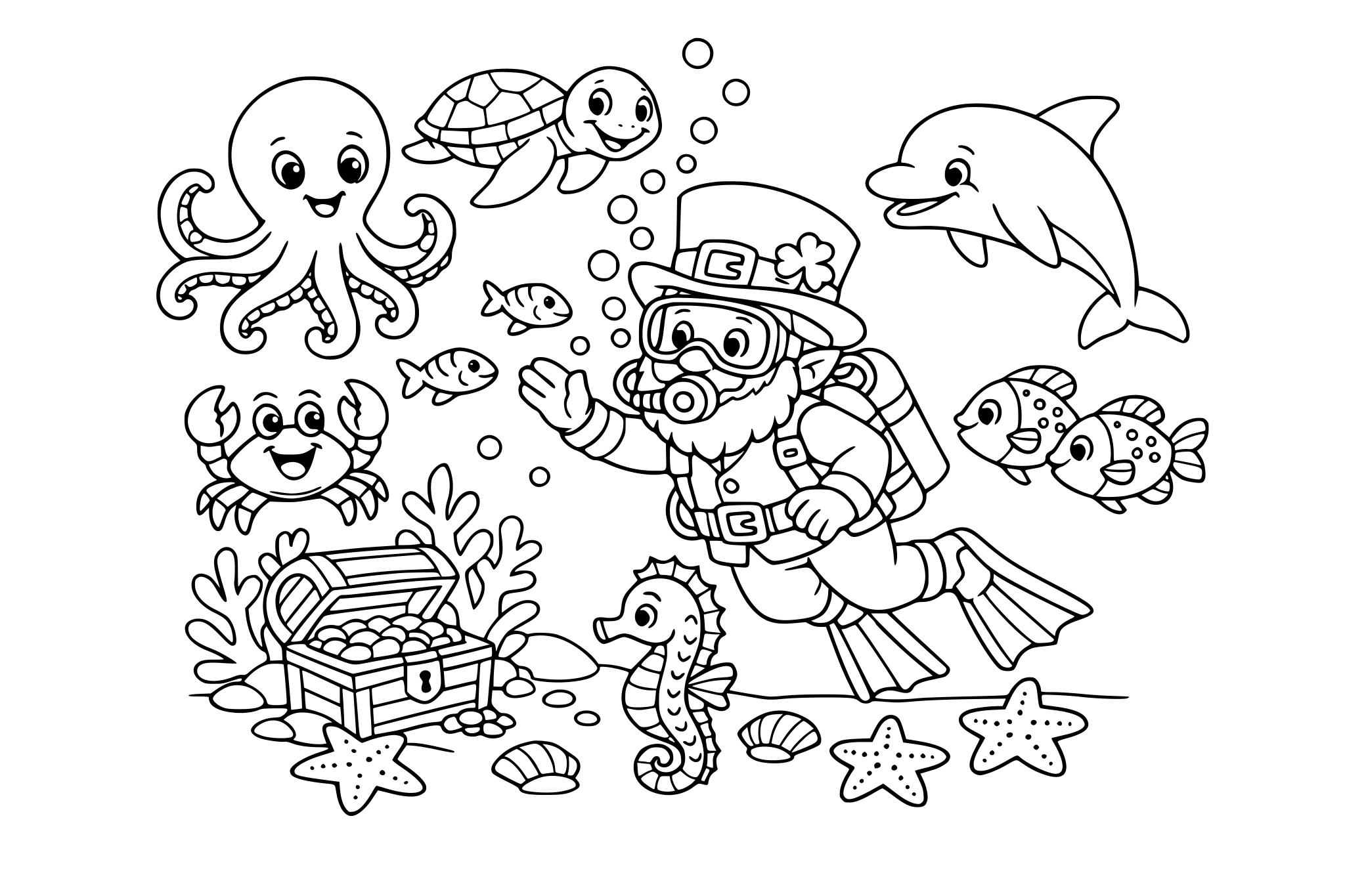 Leprechaun scuba diving and visiting the underwater creatures