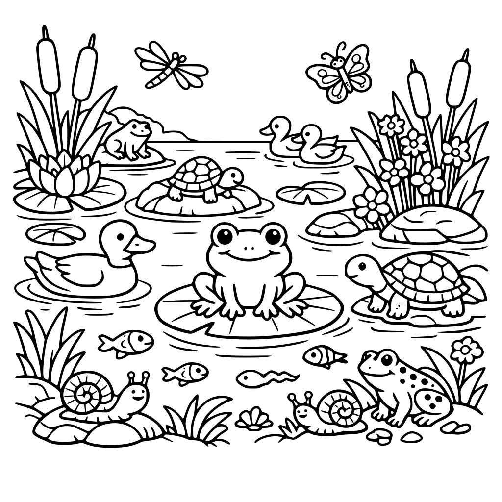 A lively pond with a lot of details, flora and fauna.