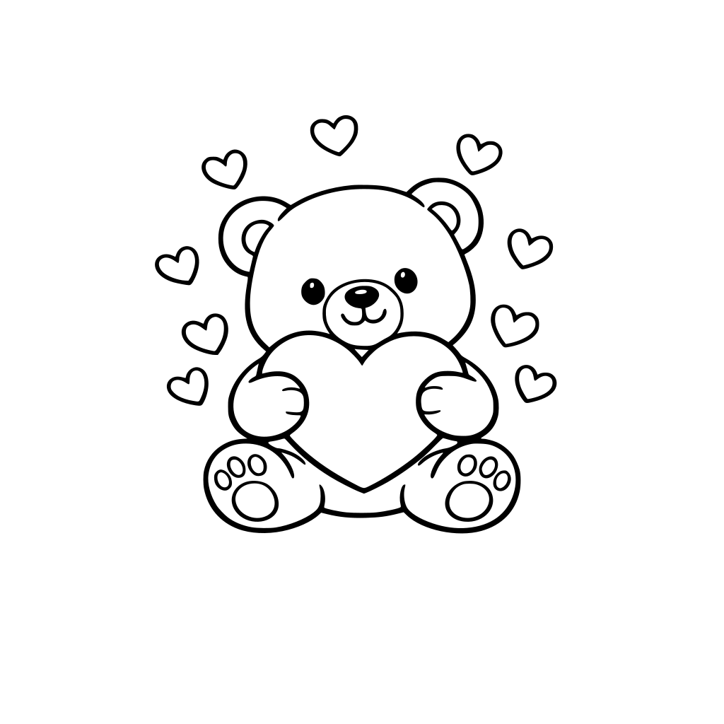 A cute teddy bear holding a big heart with small hearts floating around, Valentine’s Day theme, adorable and soft style, simple shapes, easy to color, black and white coloring page, clean line art, white background