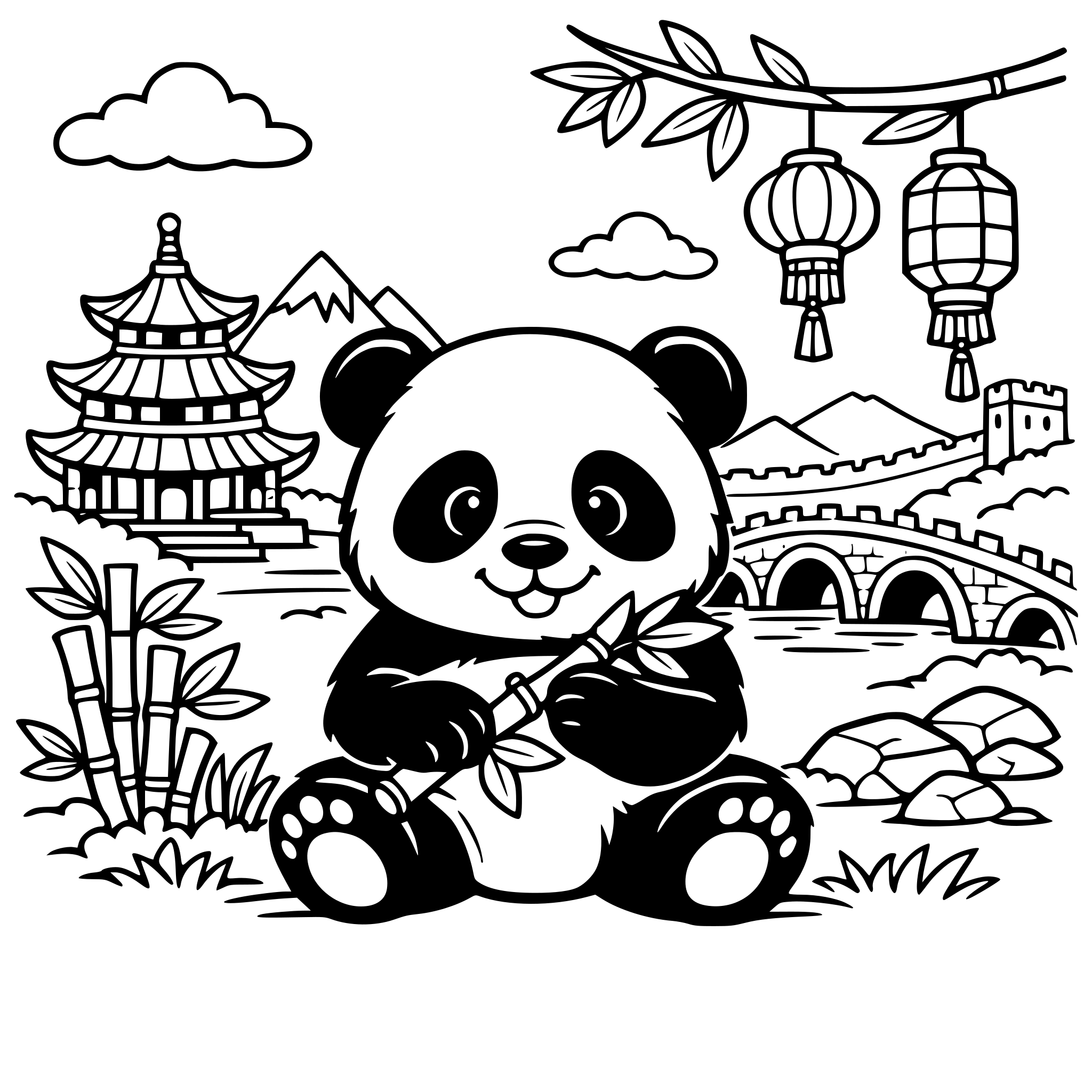 create a coloring image for a panda in china