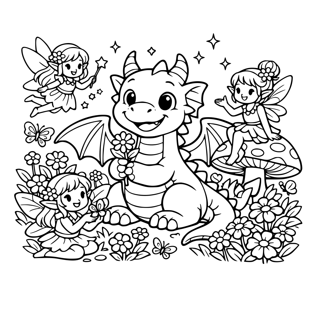 Un dragon prietenos într-o grădină cu flori si zane