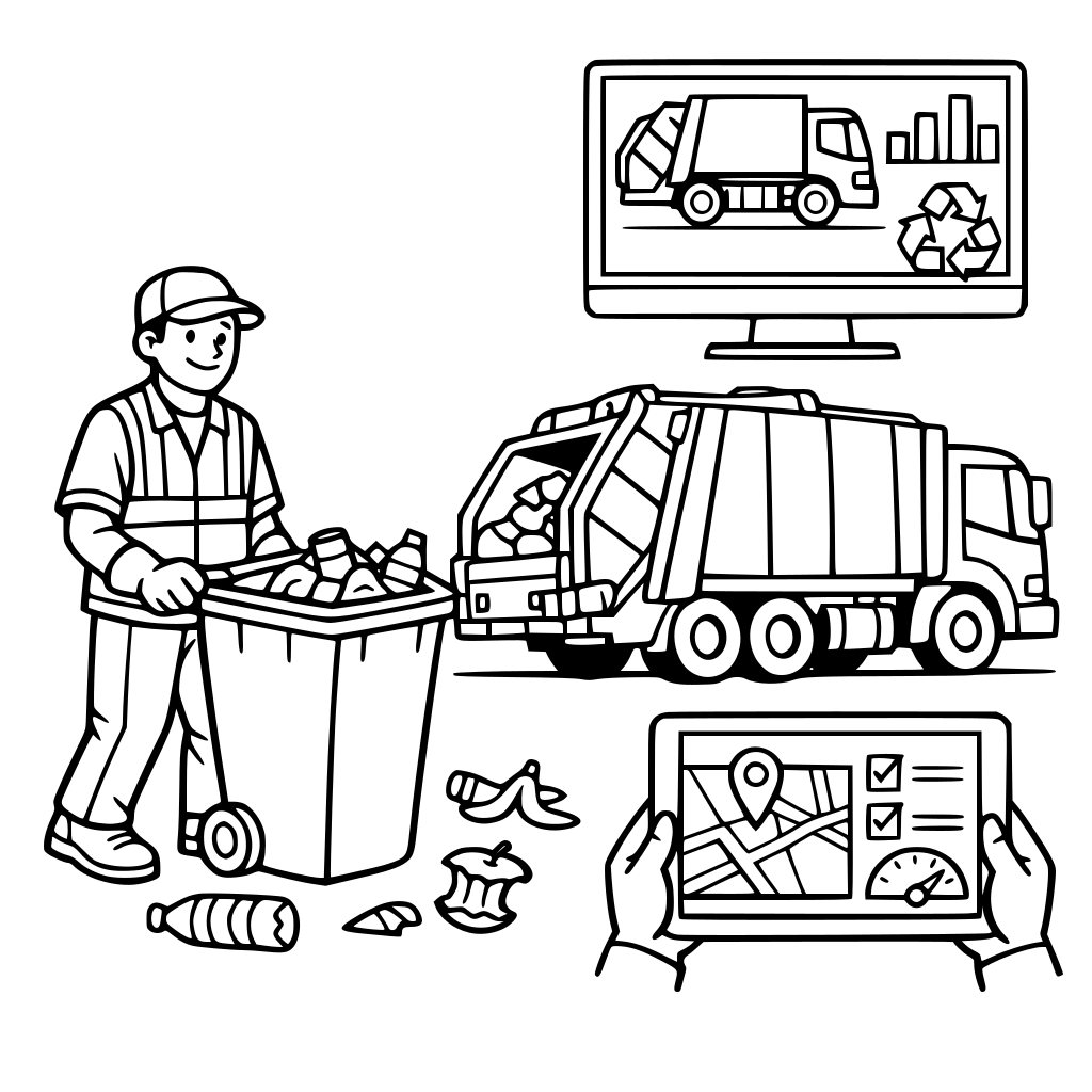 create a coloring page that depicts garbage collection and monitoring