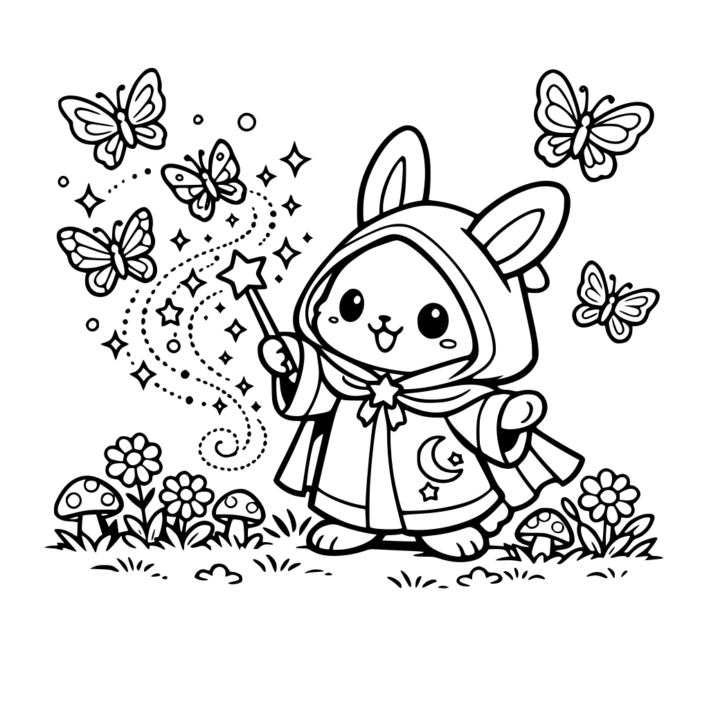 cartoon and kawaii-style bunny in a magic robe conjuring butterflies — butterflies mid-flight, sparkles trailing on the garden