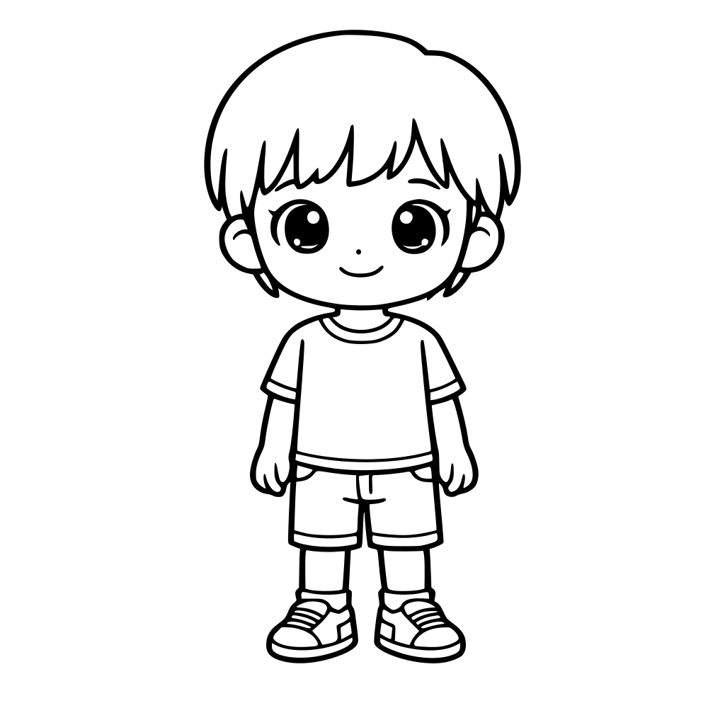 cute 8-year-old child, big round eyes, soft smile, short hair, simple outfit, kawaii style, black and white coloring page, thick clean outlines, no shading, no grayscale, no background, line art, printable, child friendly