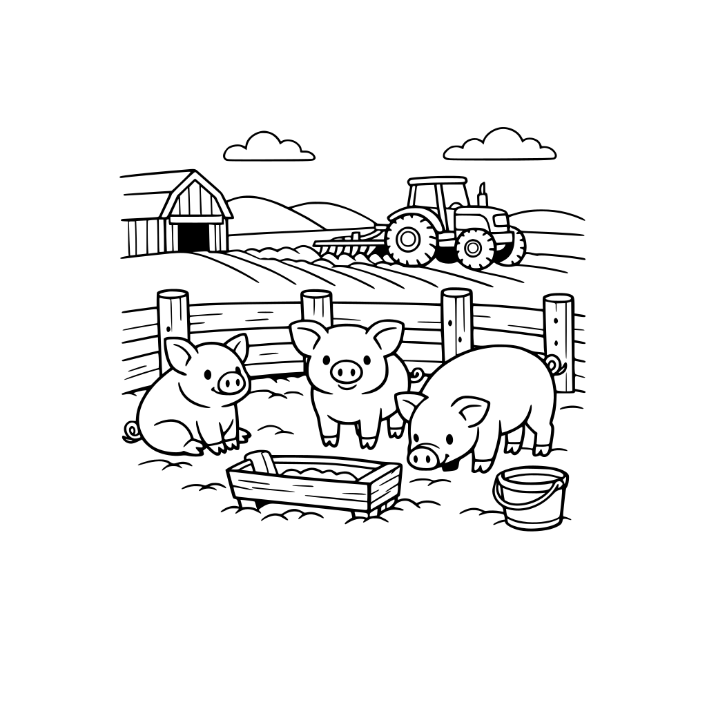 3 pigs in a pigpen with a tractor plowing fields in the background
