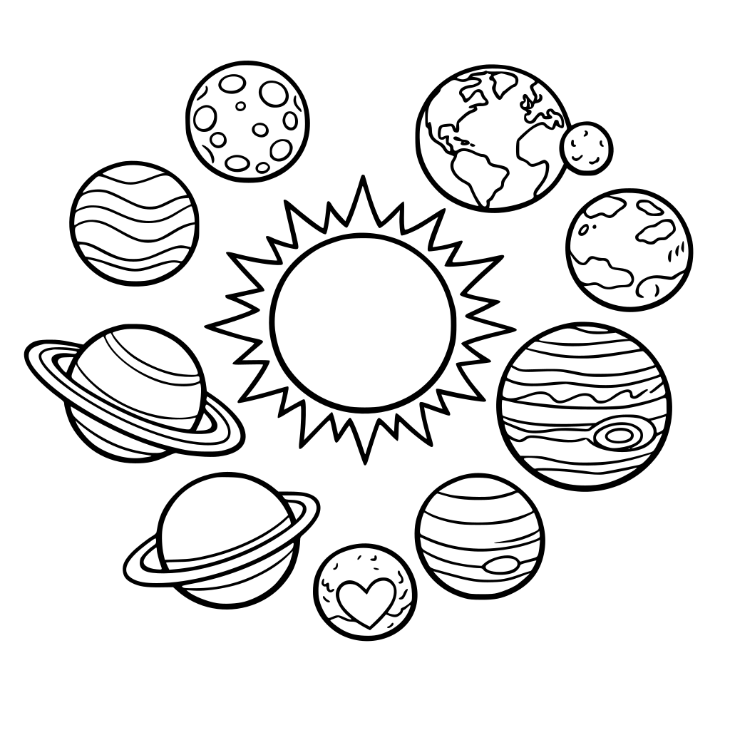 give me a coloring page with all planets in the solar system