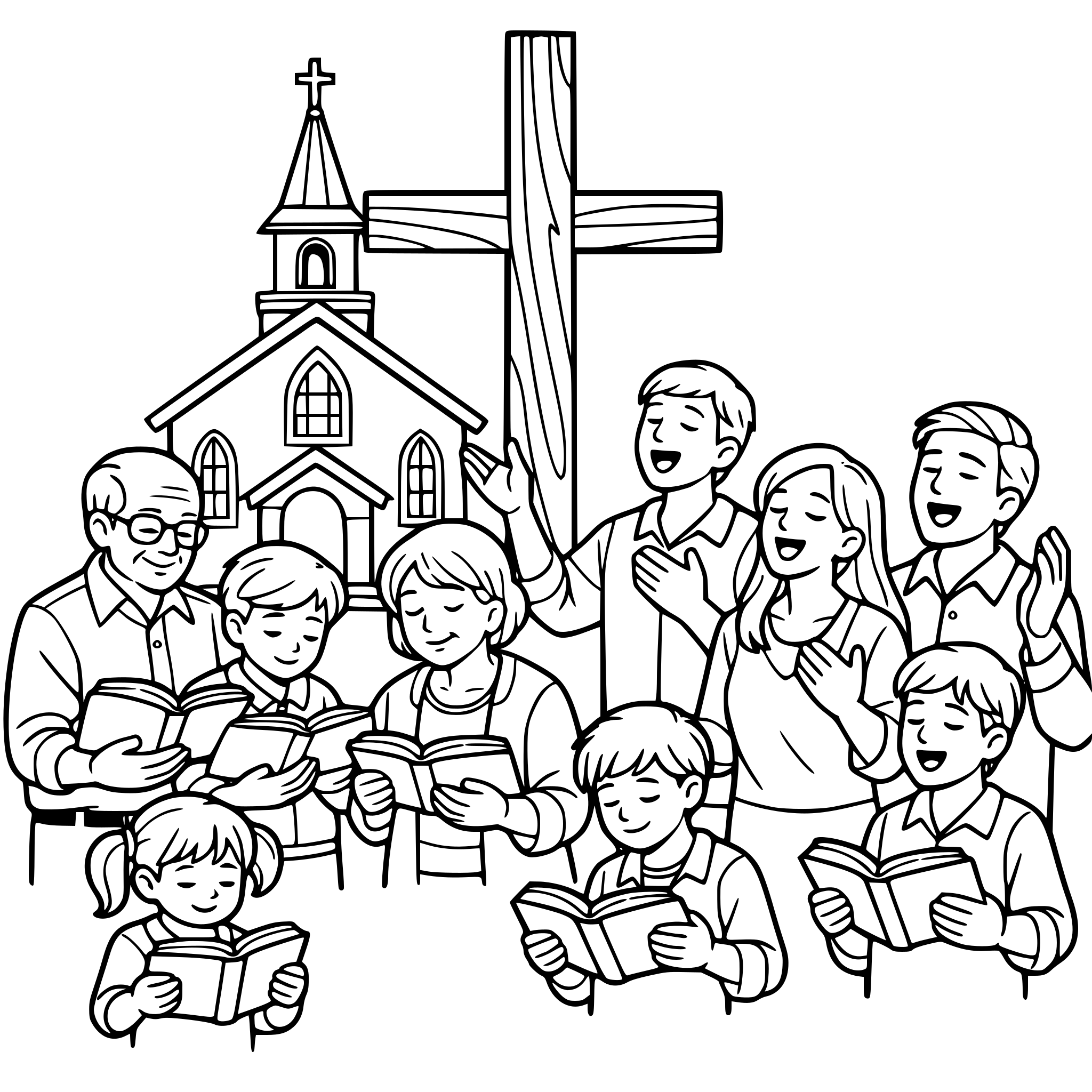 Create an image of a group of people of all ages, have some worshipping by singing and some reading the Bible Add a cross in the background and a church behind it