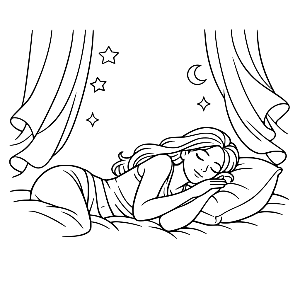 A woman napping in sunlight with sheer curtains floating