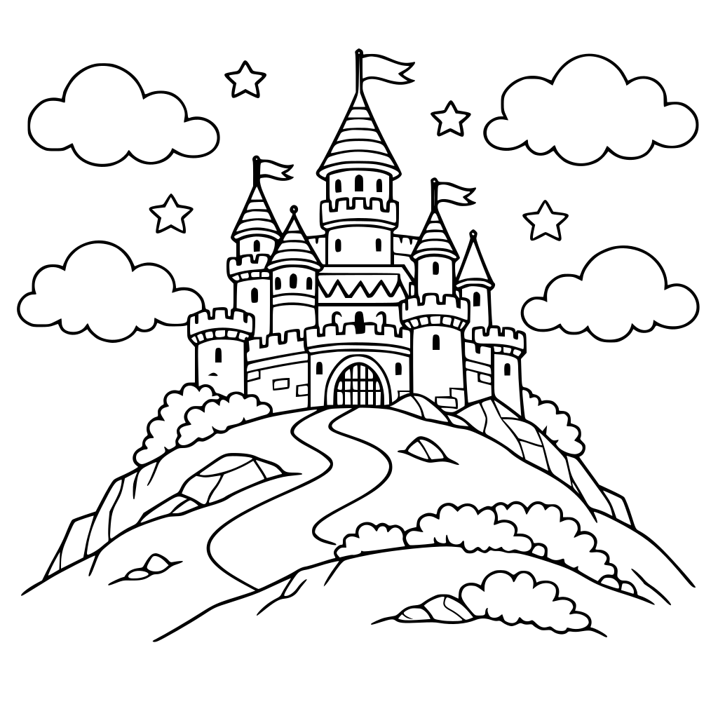 Un castillo en una colina con nubes