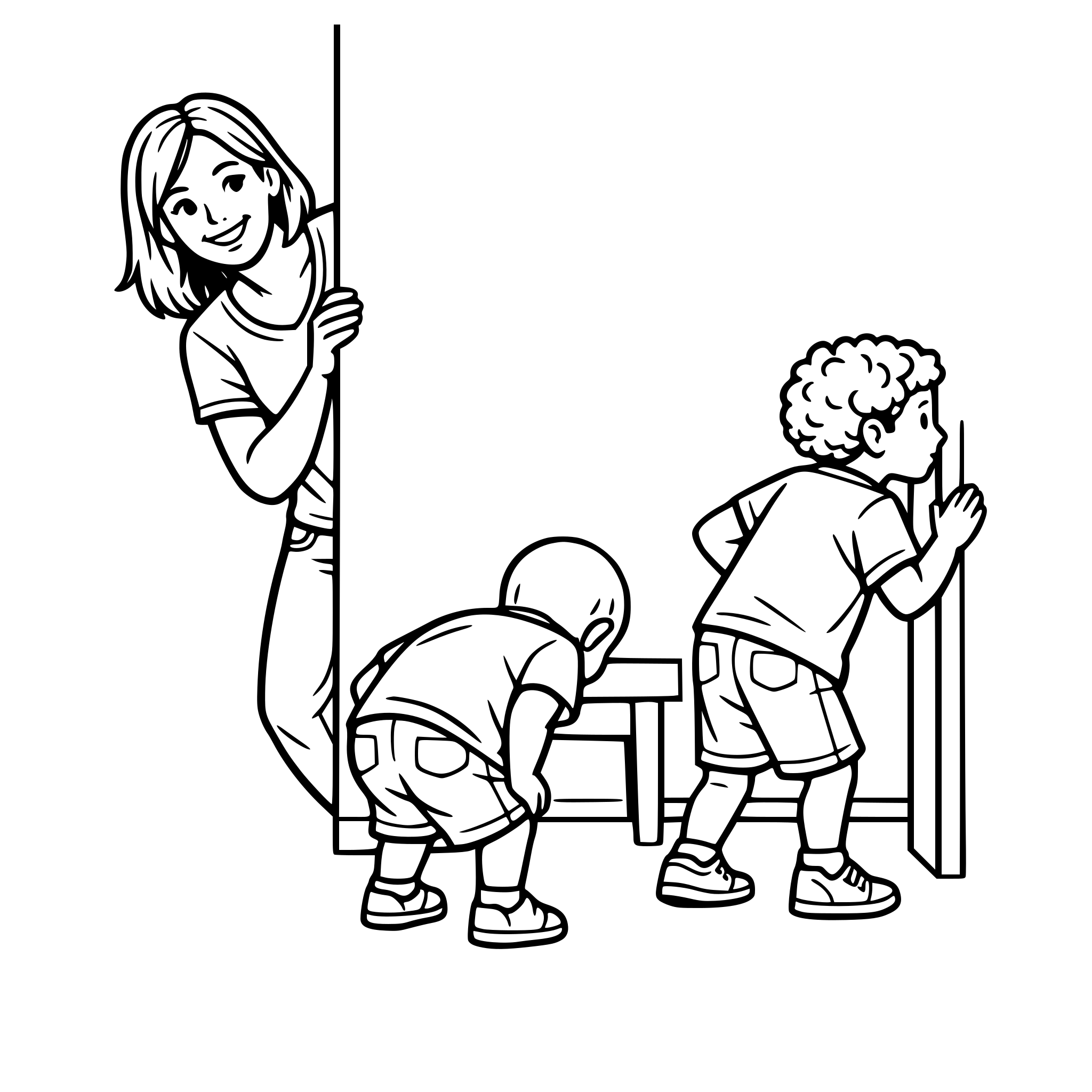 Create an image of a real woman dressed casually, playing hide and seek looking around a wall while two young boys, one with curly hair and one with little hair, trying to look around the house for the mom. White background, isolated.