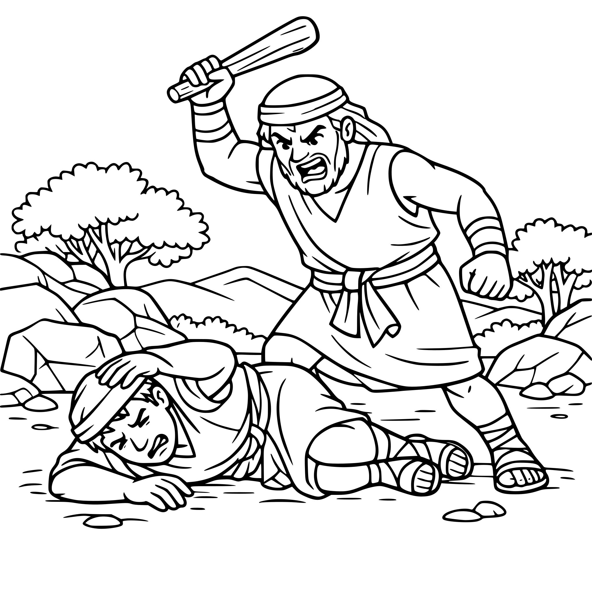 create a design with two bible brothers, one laying on the ground protecting himself and another ready to attack him, make the attacker angry include landscape elements such as rocks, dirt and trees in the background