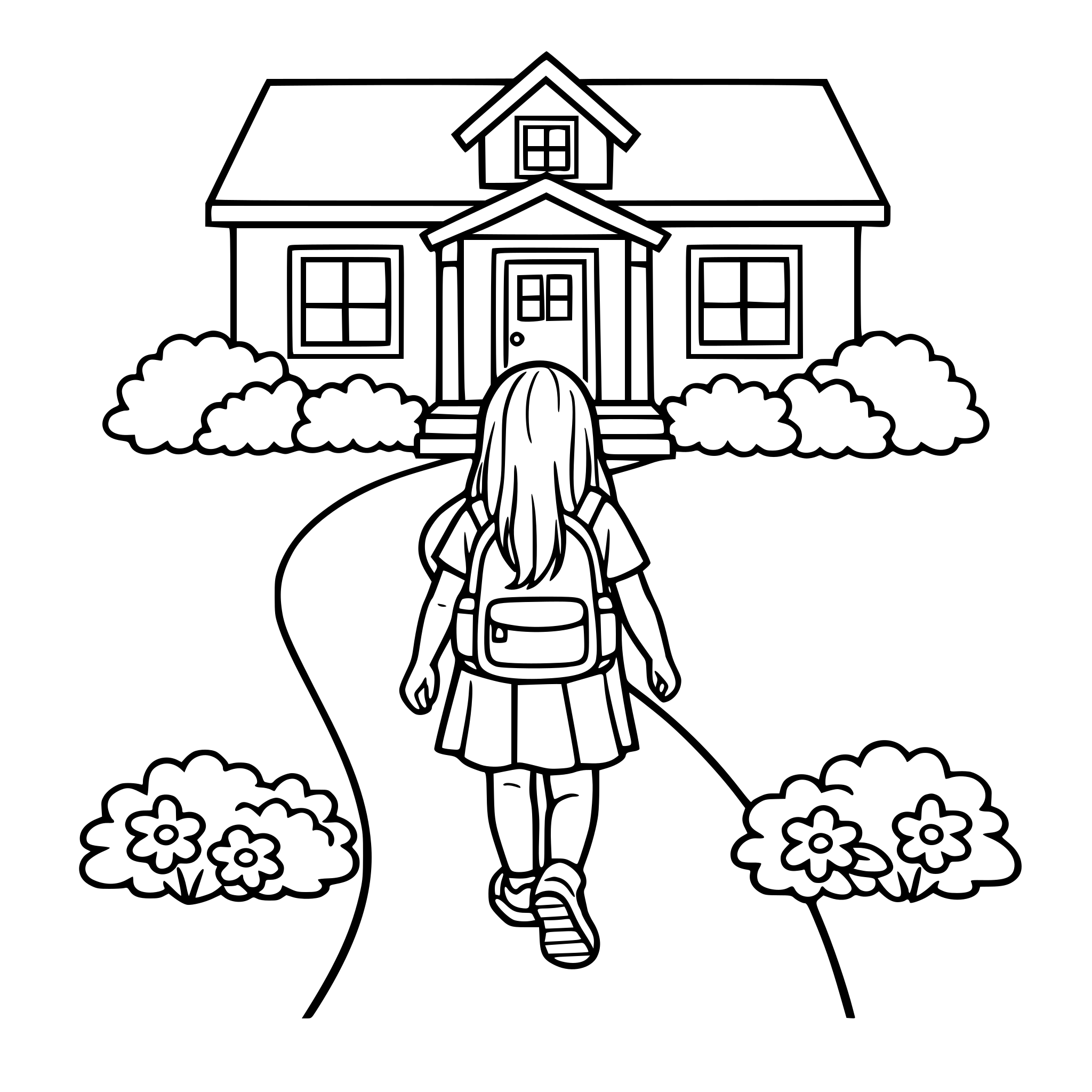 Create an image of a young girl with long hair walking up the walkway to her house. White background, isolated.