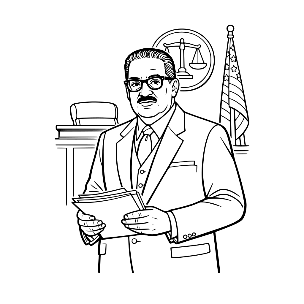 Thurgood Marshall wearing a suit holding legal papers, confident thoughtful expression, simple courtroom outline behind him, mid-body framing.