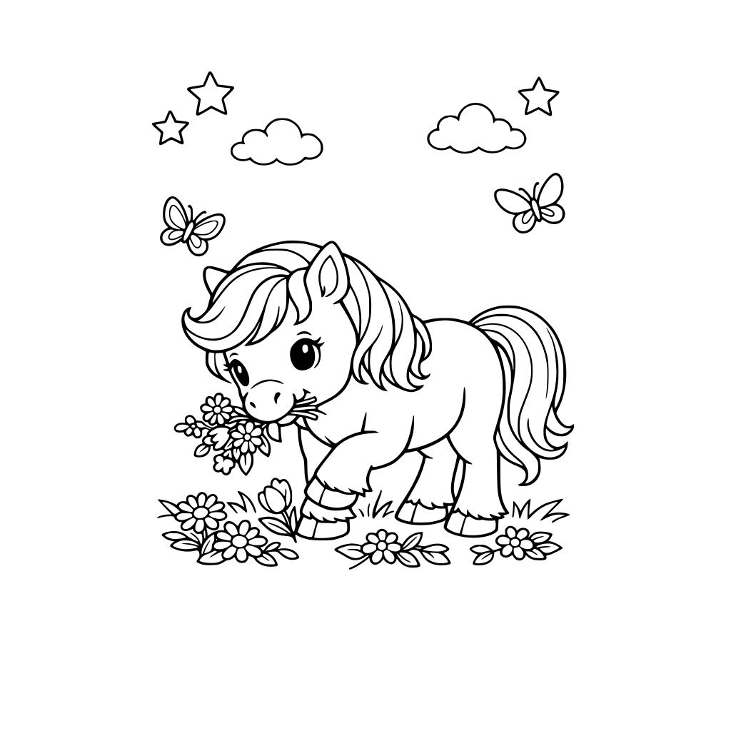 Pony picking wildflowers