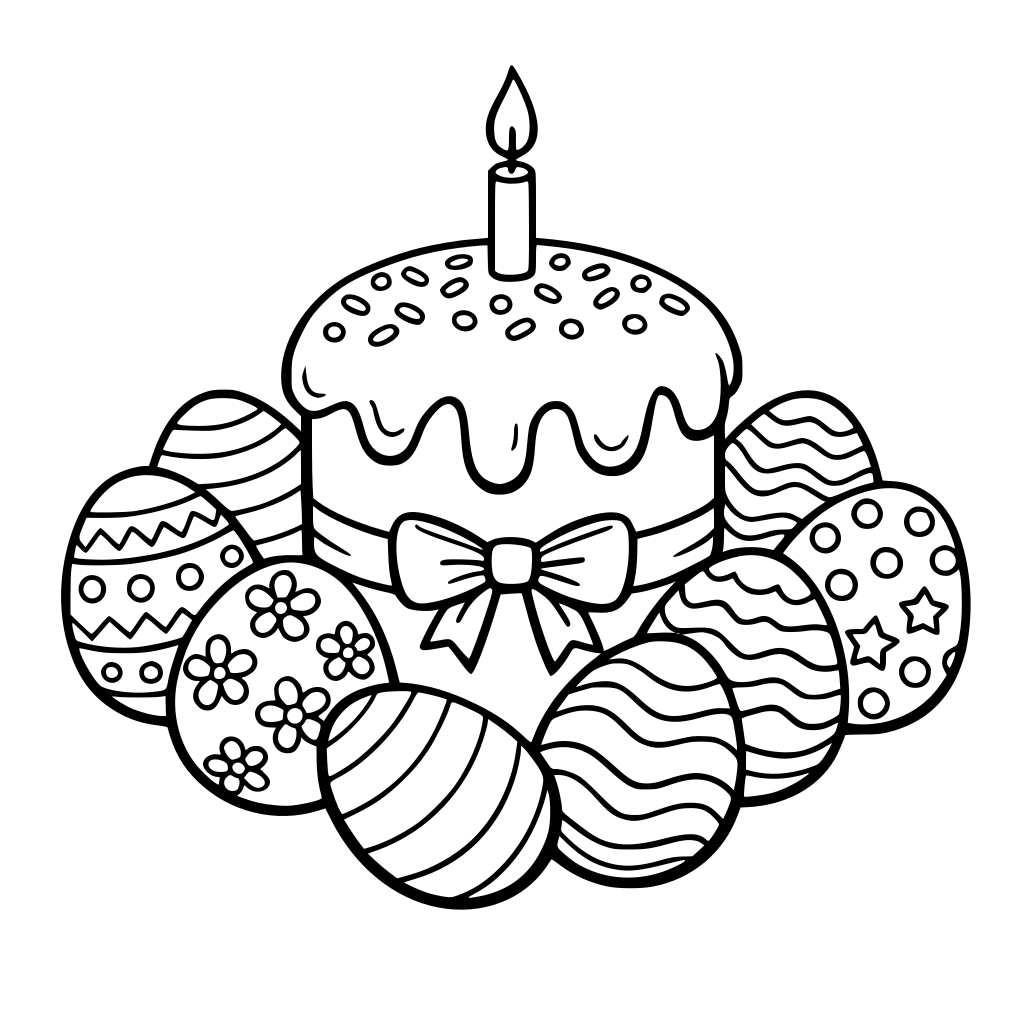 Coloring page of Easter eggs, Easter eggs and Easter cake
