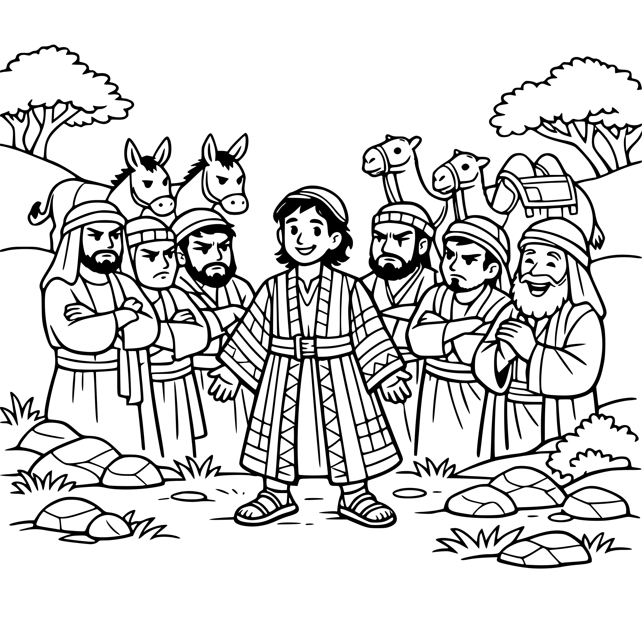 Show Joseph in a coat with his brothers standing around him looking jealous; include Joseph's dad looking happy and landscape items such as trees, grass and rocks. Also include a few donkeys and camels