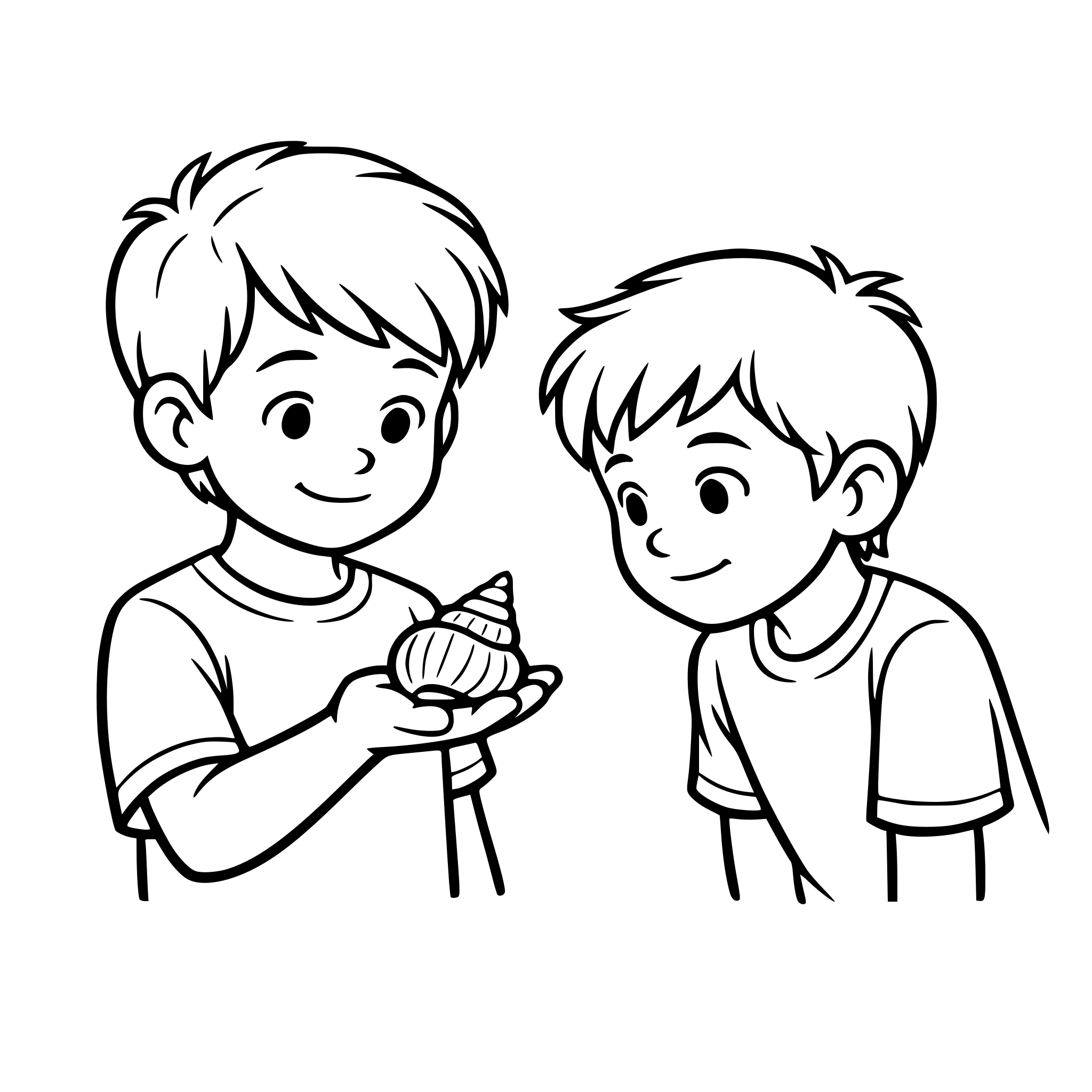 Create an image of a young boy with a seashell in his hand. Another boy looks at the seashell in his friends hand. The expressions are subtle. White background, isolated.