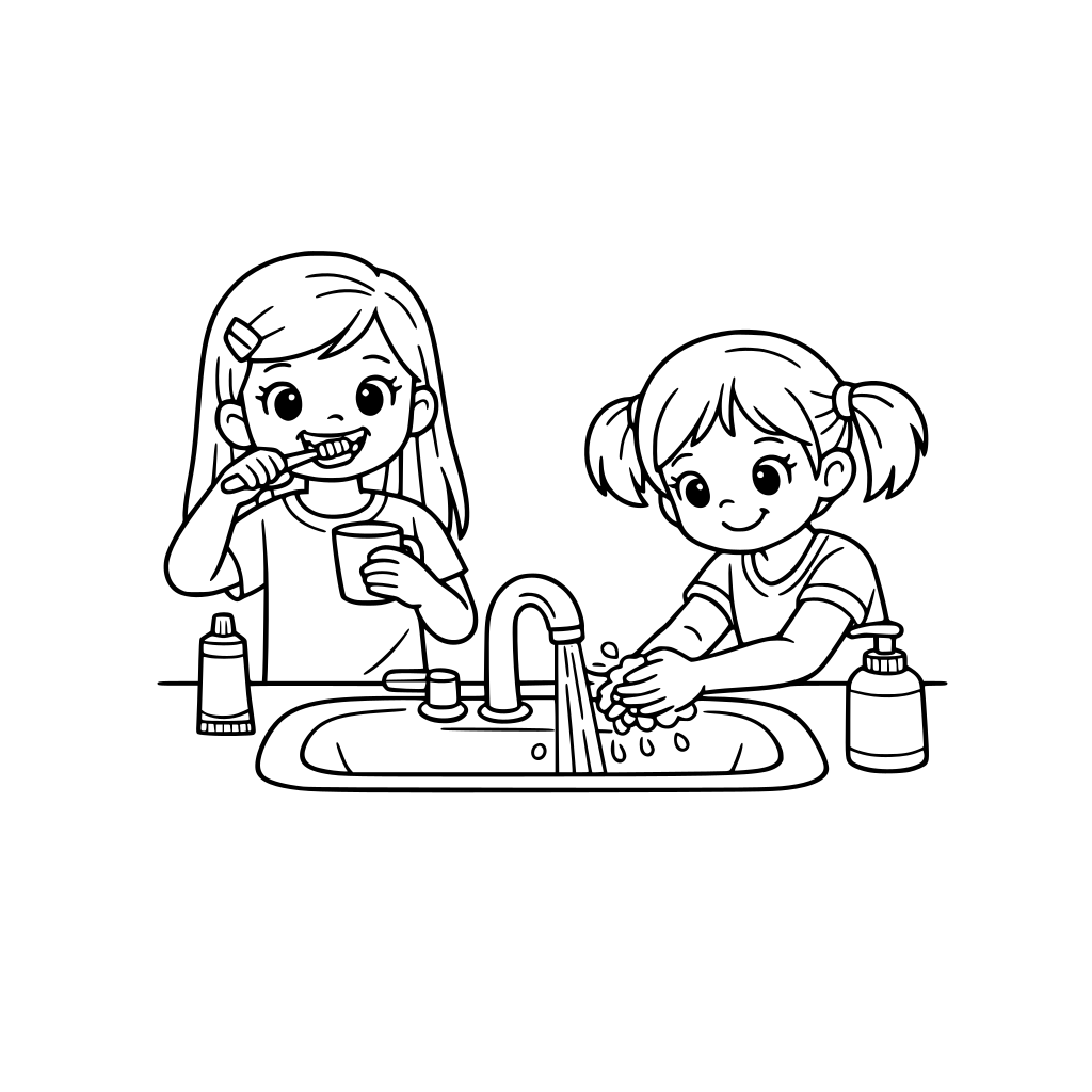 two young girls, one brushing teeth and the other washing hands. in the bathroom by the sink