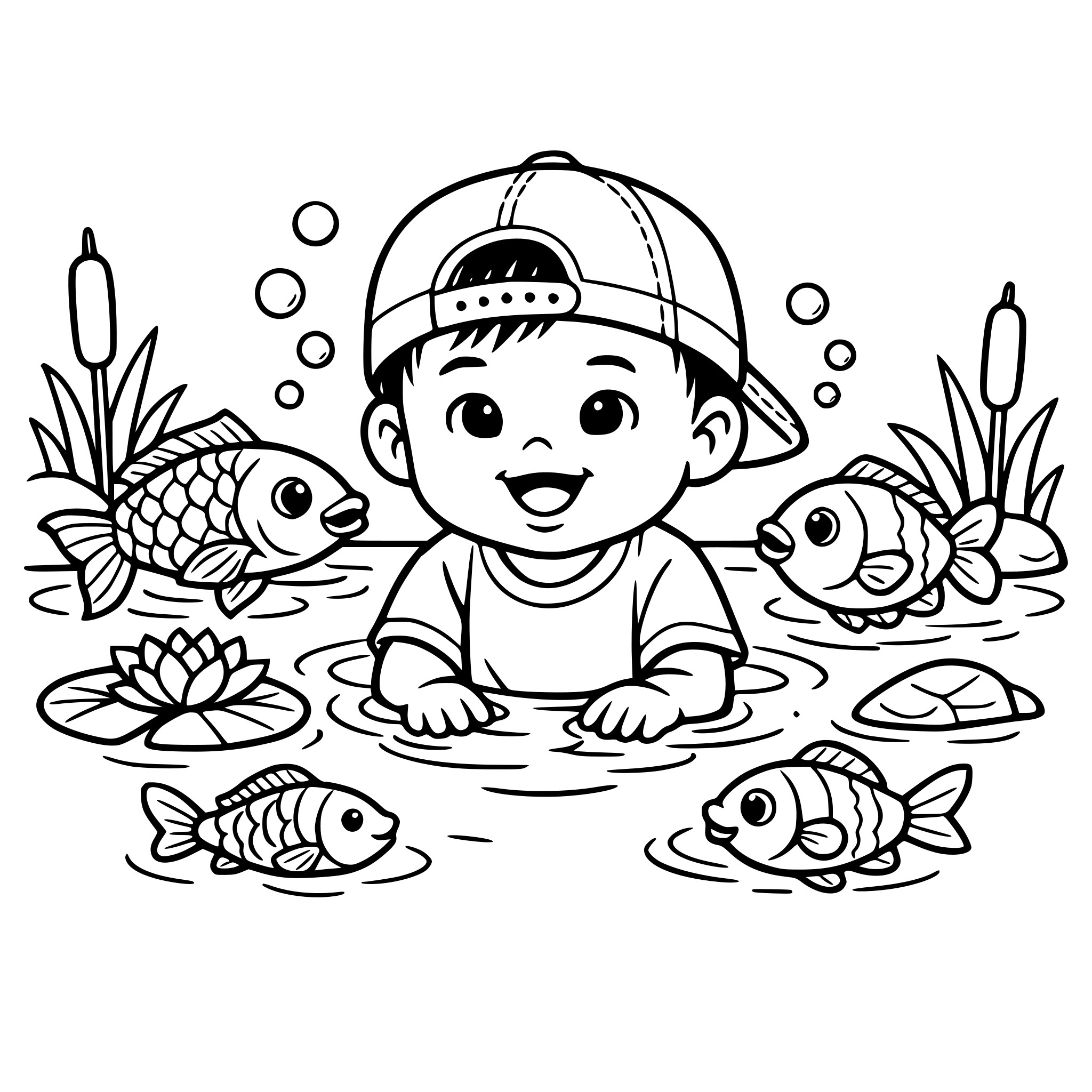 asian baby boy with baseball hat inside fish pond