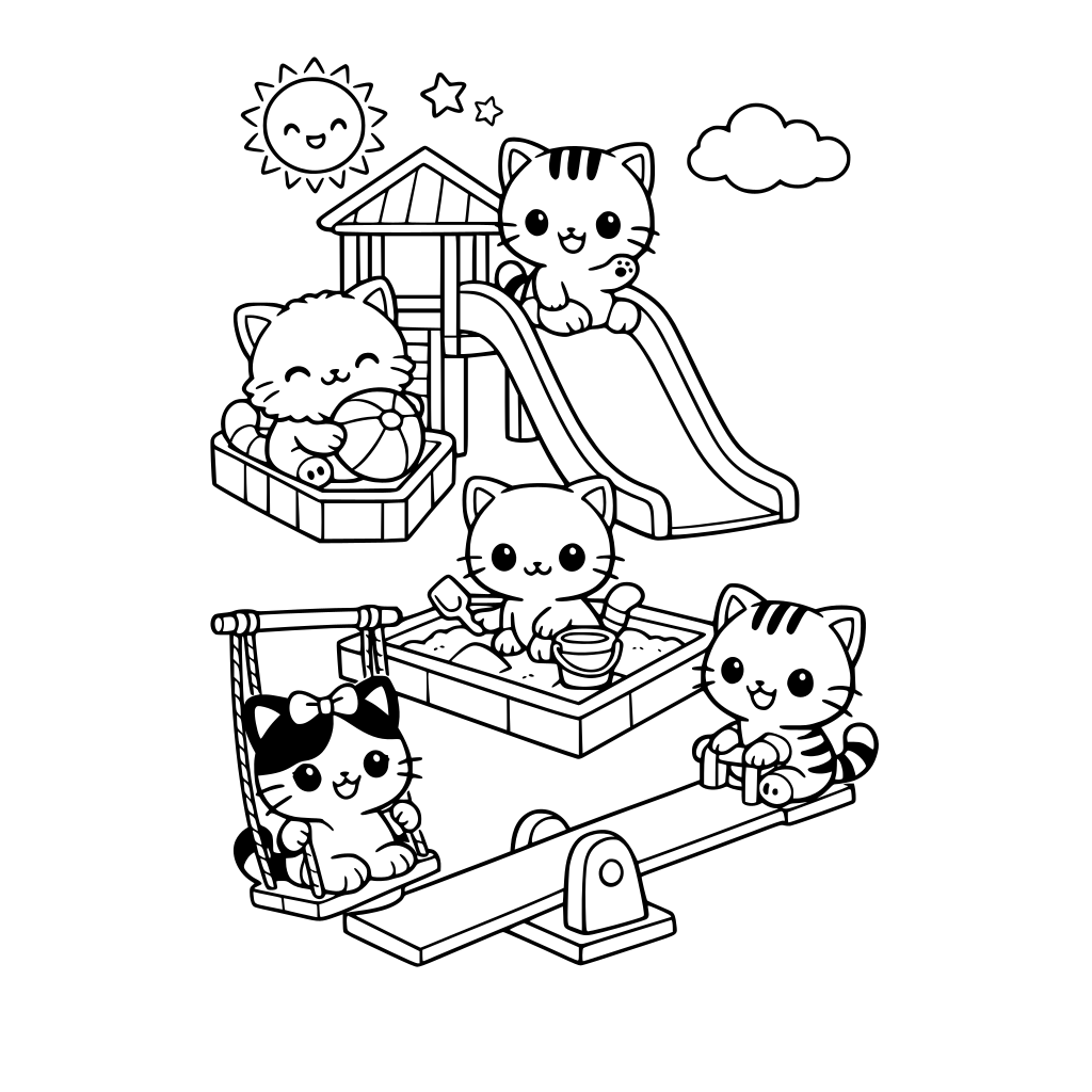 chibi style group of cats on the playground
