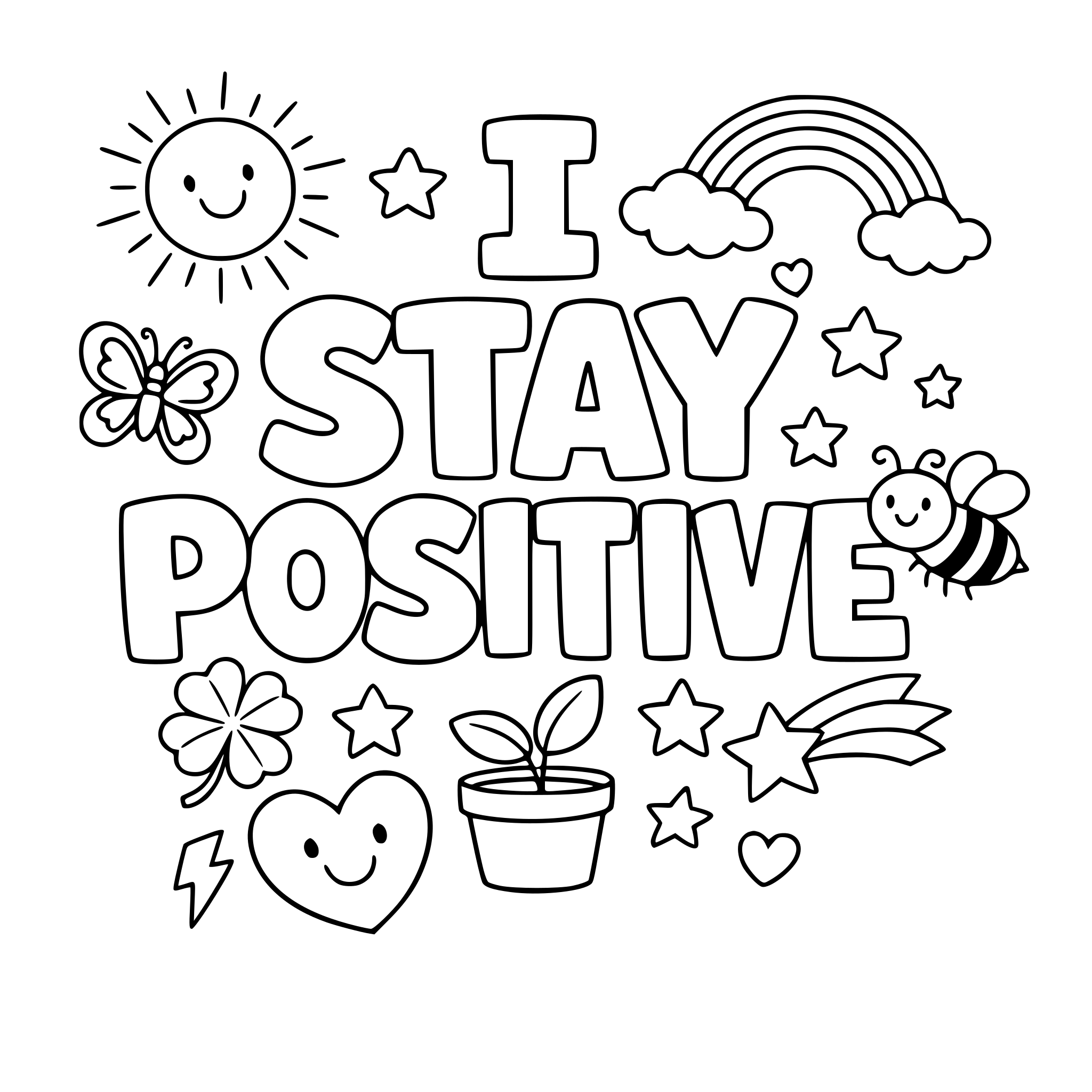 "I stay positive" coloring letters with items around the letters that work with the lettering.